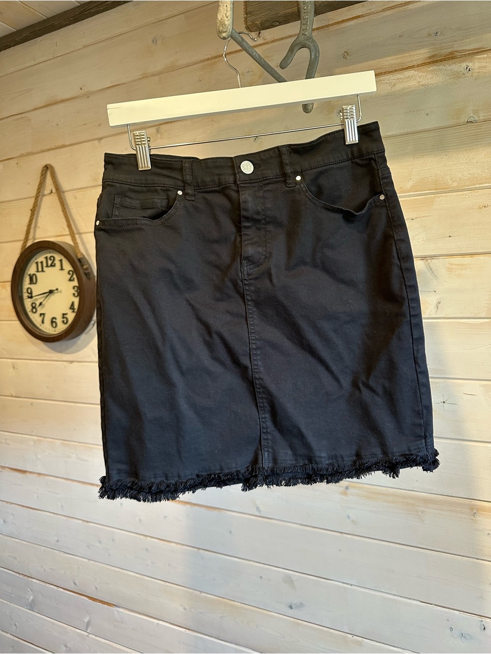 Renuar | Black Denim Mini Skirt Frayed Hem